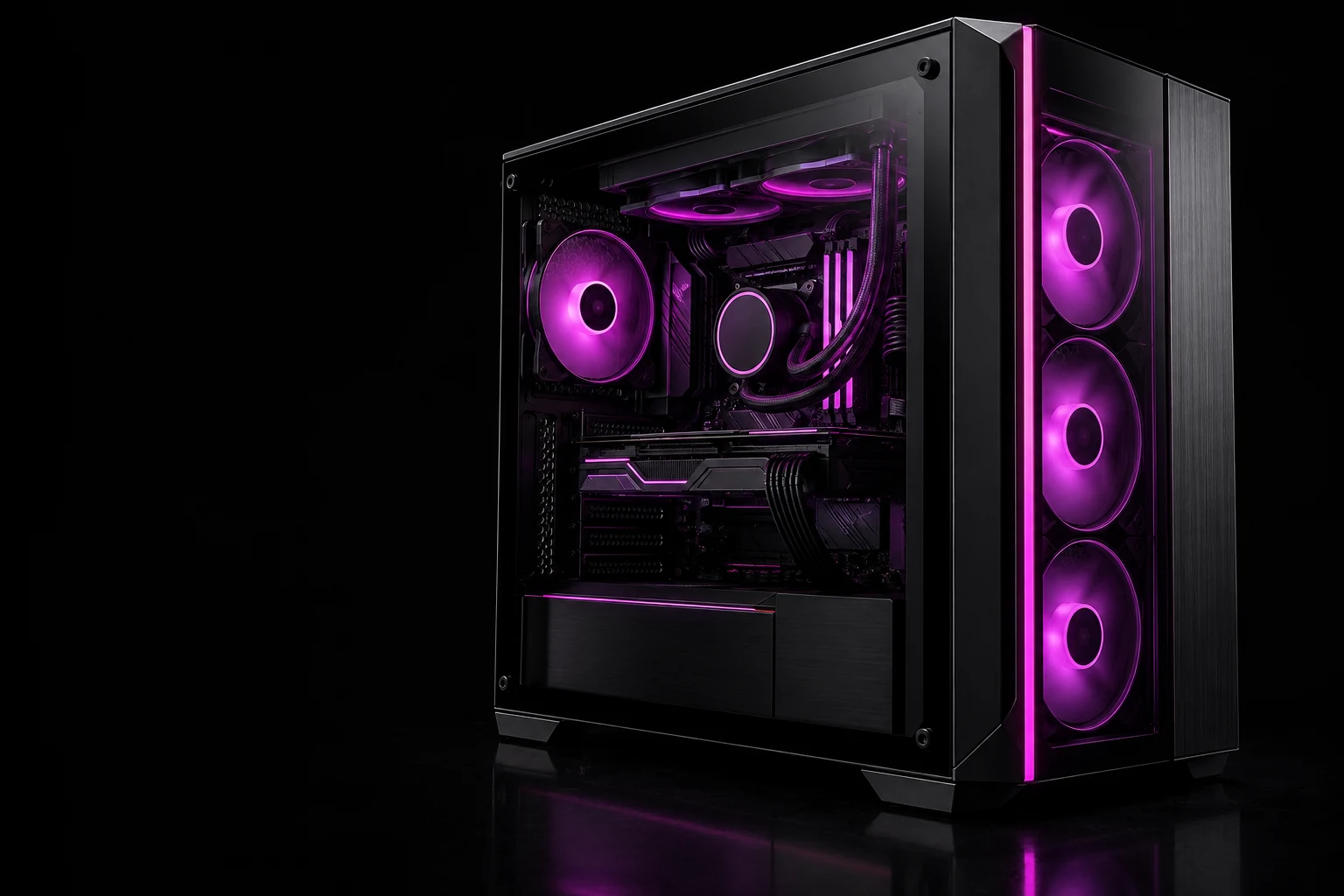 Schwarzer NØVA Gaming-PC mit Glasgehäuse und violetter Beleuchtung